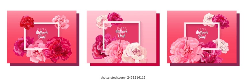 Set of rectangular congratulation cards for Mother's Day. Frames with pink, red, white carnation flowers on bright background. Template for mother greeting. Realistic illustration in watercolor style