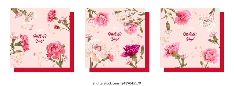 Conjunto de tarjetas de felicitación rectangulares para el Día de la Madre. Marcos con flores de clavel rosadas, rojas y blancas sobre fondo brillante. Plantilla para el saludo de la madre. Ilustración realista en estilo de acuarela