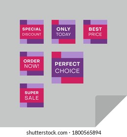 Set of rectangular discount labels to attract customers' attention. Timeless easy-to-read design. Suitable for web page ads, tags, discount offer price labels, badges, coupons, flyers etc.