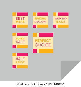 Set of rectangular discount labels to attract customers' attention. Timeless easy-to-read design. Suitable for web page ads, tags, discount offer price labels, badges, coupons, flyers etc.
