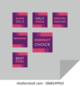 Set of rectangular discount labels to attract customers' attention. Timeless easy-to-read design. Suitable for web page ads, tags, discount offer price labels, badges, coupons, flyers etc.