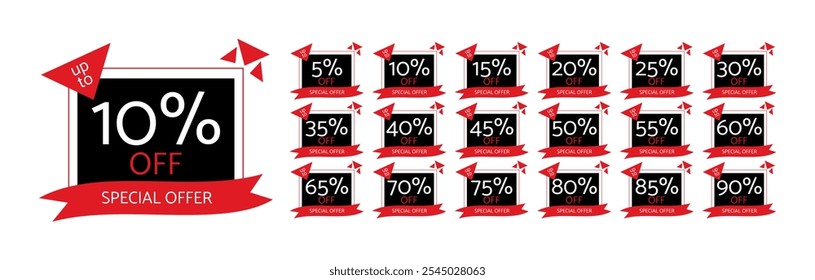 Set of rectangular discount labels, red triangles at the ends, red stripe below with special offer written. Up to 5, 10, 15, 20, 25, 30, 35, 40, 45, 50, 55, 60, 65, 70, 75, 80, 85, 90 percent off.