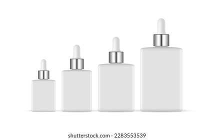 Set of Rectangular Dropper Bottles With Metal Caps, Isolated on White Background. Vector Illustration