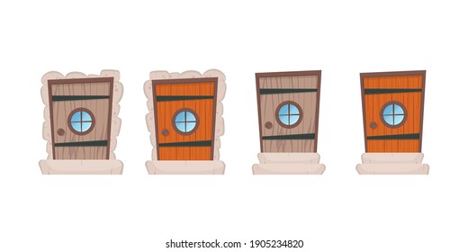 A set of rectangular entrance doors with round windows. Stone cladding. For the design of games or buildings. Isolated. Vector.