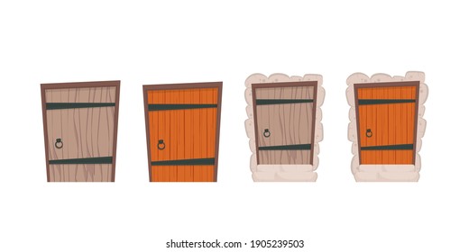 A set of rectangular entrance doors. Stone cladding. For the design of games or buildings. Isolated. Vector.