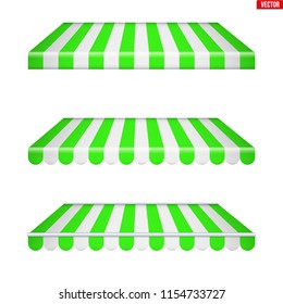 Set Of Rectangular Fabric Awnings. Solar Shade Screens And Retractable Awnings. Green Strip Color. Vector Illustration Isolated On Background.