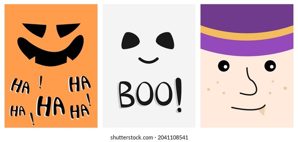Set of rectangular face in hallowwen theme with laughing orange monster face, white ghost with "Boo" quote, and witch face wearing purple hat