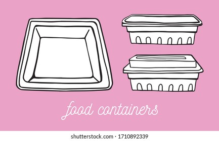 Set of rectangular food containers in different points of view. From the top and from the bottom. Hand drawn outline vector sketch illustration