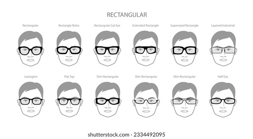 Set of Rectangular frame glasses on men face character fashion accessory illustration. Sunglass front view silhouette style, flat rim spectacles eyeglasses with lens sketch style outline isolated