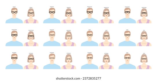 Set of Rectangular frame glasses on women and men flat character fashion accessory illustration. Sunglass front view unisex silhouette style, rim eyeglasses with lens sketch style outline isolated