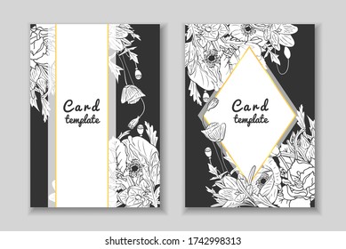 Set of rectangular frame with monochrome hand drawn crocus flower arrangement. Greeting card template. Vector illustration.