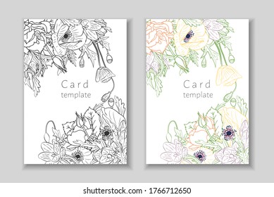 Set of rectangular frame with monochrome hand drawn crocus flower arrangement. Greeting card template. Vector illustration.