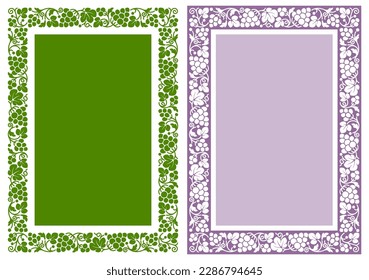 Set of rectangular frame with patterns of vine, ripe grape and leaves. Seamless pattern, isolated and ornament on colored background. A4 aspect ratio. Vector illustration