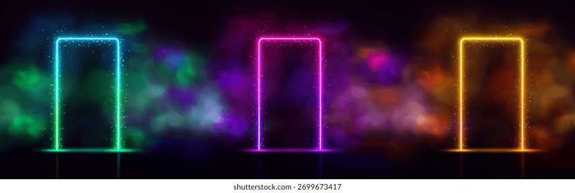 Conjunto de quadros retangulares, brilhante, neon, com efeito de brilho, partículas e nevoeiro colorido. Portal, portal mágico, arcos futuristas, portão. Ilustração vetorial. Plano de fundo preto isolado.