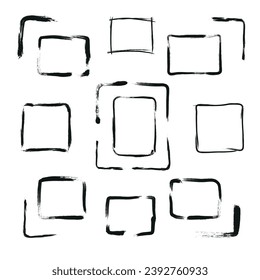 set of rectangular frames drawn with ink brush strokes, hand drawn corner with black ink