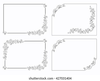 Set of rectangular frames with floral motifs. Outline black and white vintage frame.