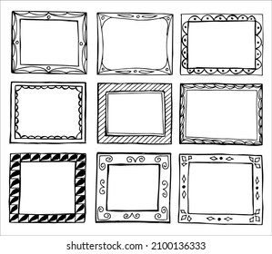 Set of rectangular frames in hand drawn doodle style