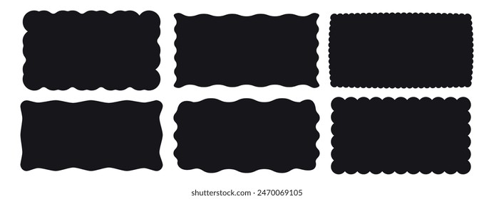 Set of rectangular frames with jagged wavy scalloped and zigzag edges. Rectangle jagged curved box element. Black shapes isolated on white background. Hand drawn vector illustration