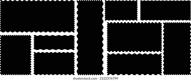 Set of rectangular frames with jagged wavy scalloped and zigzag edges. Rectangle jagged curved box element. Black shapes isolated on white background. Hand drawn vector illustration