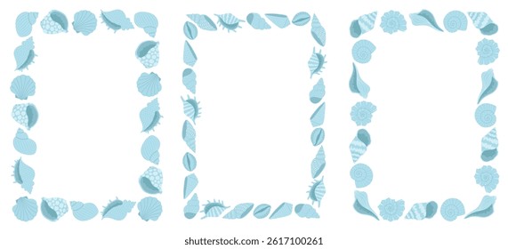 Set of rectangular frames with seashells in blue colors. Design elements for print, sticker, greeting card and invitation. Isolated vector illustration
