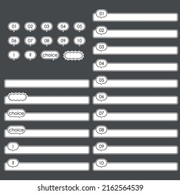 Set of rectangular frames for text input. Cloud with numbering indicating attention and question, as well as choice. Free field. Vector.