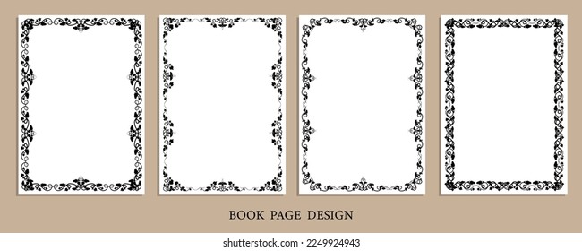 Set of rectangular frames with vines and leaves for decorative design of book pages, diplomas and certificates in A4 format. Minimalistic vector isolated on white background