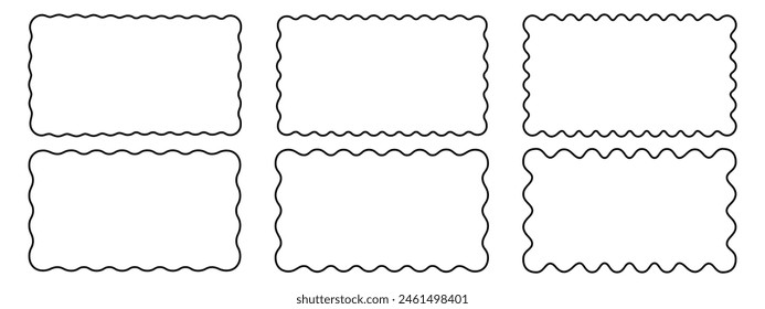 Conjunto de marcos rectangulares con bordes ondulados. Formas rectangulares con bordes festoneados. Marcos de imagen o foto, cuadros de texto vacíos o Anuncios aislados sobre fondo blanco. Ilustración gráfica Vector.