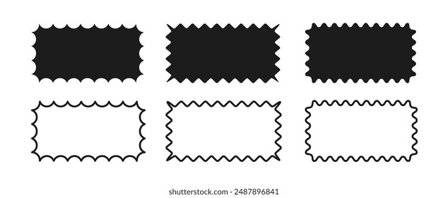 Set of rectangular frames with wavy edges. Rectangular linear shapes with zigzag borders. Collection of black elements for design, banner, poster, badge, label, tag, flyer. Vector illustration.