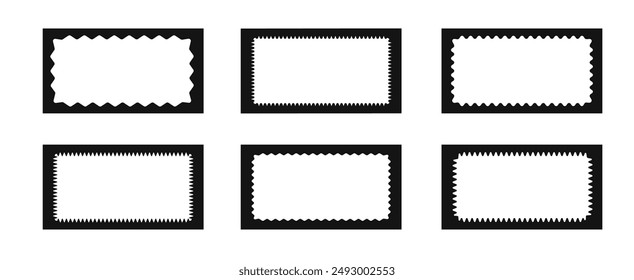 Set of rectangular frames with wavy inner edges. Trendy zigzag curved geometric frames for decorative design, blank tag, stamps, stickers, price tags. Vector illustration