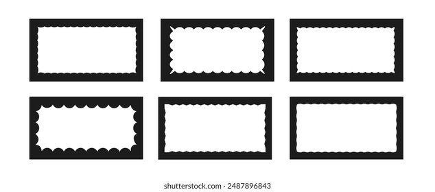 Set of rectangular frames with wavy zigzag inner edges. Trendy curved geometric frames for decorative design, stamps, stickers, price tags. Vector illustration