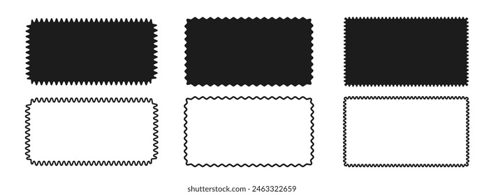 Set of rectangular geometric frames with zigzag wavy edges isolated on white background. Vector illustration.