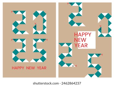 Set of rectangular geometric Happy New Year 2025 text design with snakes, puzzle toy. Numbers from snakes. Notepad cover, Brochure design template, postcard, banner. Isolated. Vector EPS10