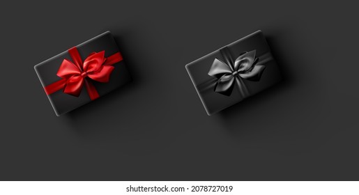 Set of rectangular gift boxes with beautiful bow. Vector holiday illustration.