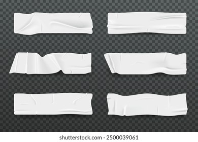 Set of rectangular glued sticker or wrinkled paper. Vector background of wet scotch or duct. Adhesive tape or crumpled duct. Cut sheet with wrinkle. Isolated piece of realistic material surface. Sheet