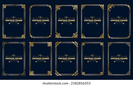 Set of rectangular gold frame decoration, vintage calligraphy border frame, luxury, elegant design, vector illustration