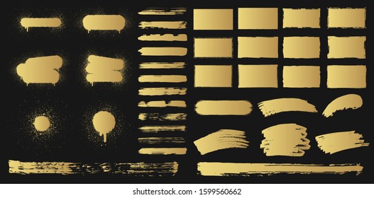 Set Of Rectangular Golden Grunge Rough Shapes, Paint Brushes, Spray Paint Frames. Vector Isolated Gold Airbrush Ink Background. Chalk Edge Box Graphic. Distressed Badge. 