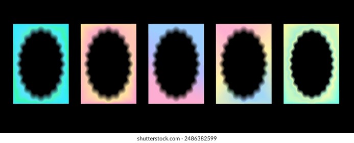 Set of rectangular gradient frames with wavy oval inner borders with blur.  Retro frames with zigzag edges. Decorative design elements, for cards, photos. Vector illustration on black background