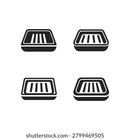 Set of rectangular grill pan and food tray icons. Four black icons showing various styles of rectangular grill pans or storage containers with ridged bottoms. Ideal for kitchenware catalogs or food preparation app icons.