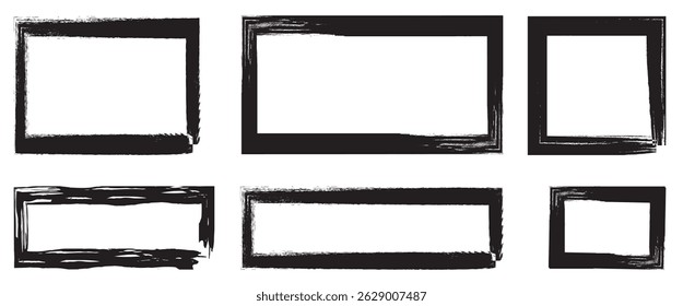 Set of rectangular grunge backgrounds. Black square shapes with jagged borders on white background. Hand drawn square frames. Doodle line square frame.