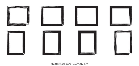 Set of rectangular grunge backgrounds. Black square shapes with jagged borders on white background. Hand drawn square frames. Doodle line square frame.