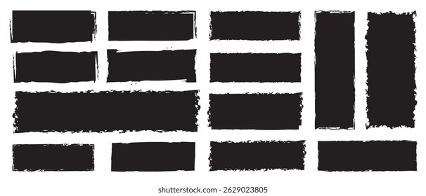 Set of rectangular grunge template backgrounds. Black rectangle frames with jagged edges. Vintage grunge boxes for collage, text, banner, sticker design.	