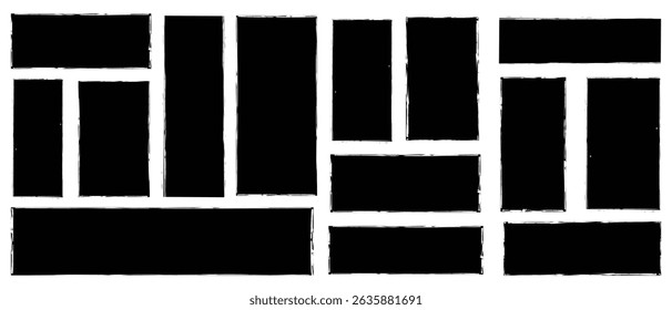 Set of rectangular grunge template backgrounds. Black square shapes with ripped jagged borders on white background. Vintage grunge boxes for collage, text, banner, sticker - Stock vector