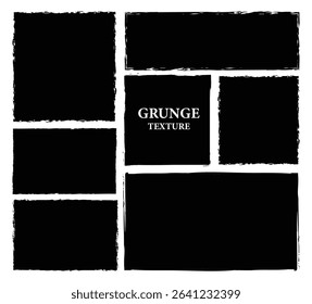 Set of rectangular grunge texture. Black rectangle, square shapes with ripped jagged borders on white background. Paint brush strokes. Hand-drawn ripped papers for collage. Grungy border.