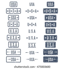 A set of rectangular grunge USA stamps isolated on white background, vector illustration.