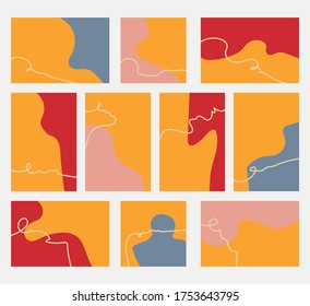 A set of rectangular horizontal, vertical, square two-color backgrounds with a thin, sinuous light line.Hand-drawn various shapes, doodles.Fashionable bright summer colors.Stock vector illustration