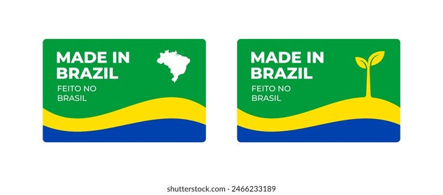 Conjunto de pegatinas rectangulares Made in Brazil con un mapa y una bandera de Brasil aislados sobre un fondo blanco. Anuncio, signo, Plantilla. Ilustración vectorial