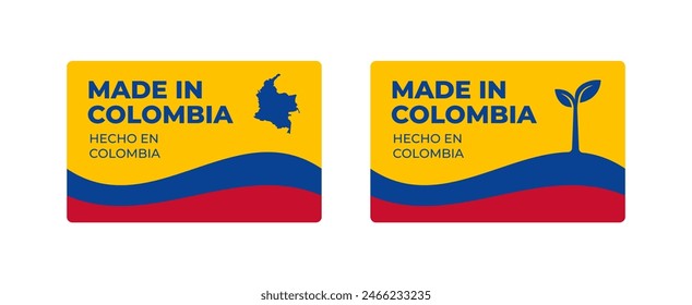 Conjunto de pegatinas rectangulares Made in Colombia con mapa y bandera de Colombia aisladas sobre fondo blanco. Anuncio, signo, Plantilla. Ilustración vectorial