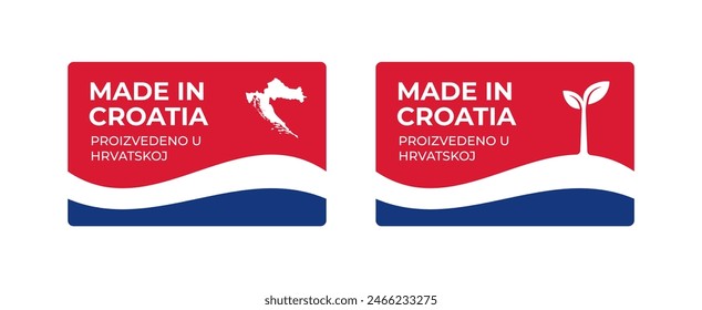 A set of rectangular Made in Croatia label stickers with a map and flag of Croatia isolated on a white background. Banner, sign, template. Vector illustration