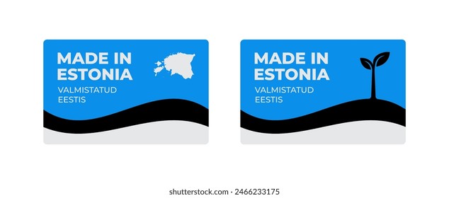 A set of rectangular Made in Estonia label stickers with a map and flag of Estonia isolated on a white background. Banner, sign, template. Vector illustration