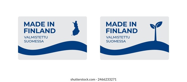 Un conjunto de etiquetas adhesivas rectangulares Made in Finland con un mapa y la bandera de Finlandia aislado sobre un fondo blanco. Anuncio, signo, Plantilla. Ilustración vectorial